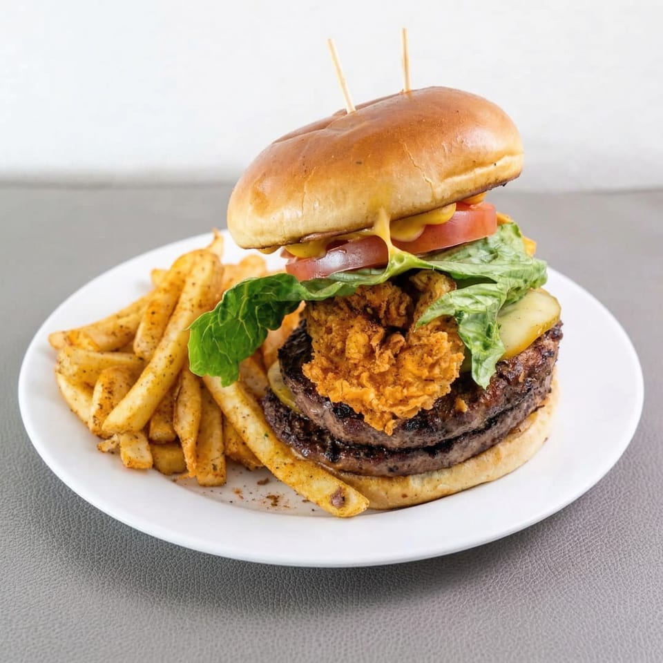 A double patty burger with fried seafood, lettuce, tomato, and pickles, served with seasoned fries.