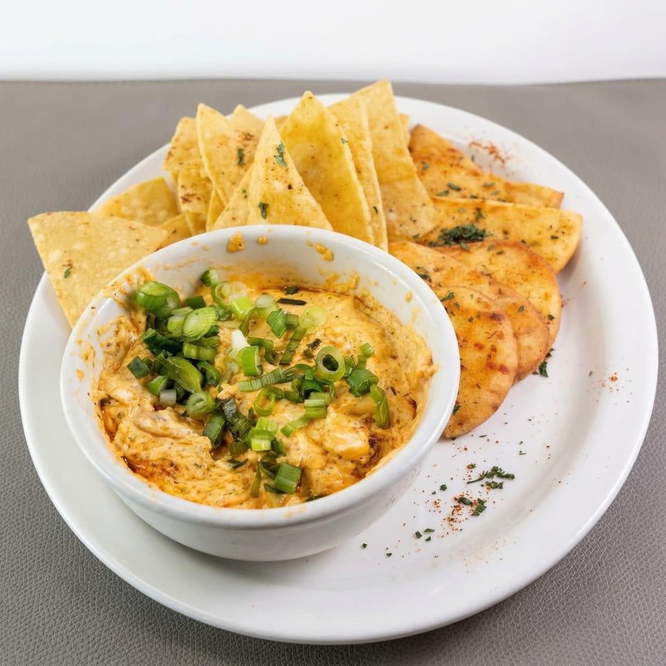 Flava Shack Seafood's crab dip, topped with green onions, served with tortilla chips and pita bread.