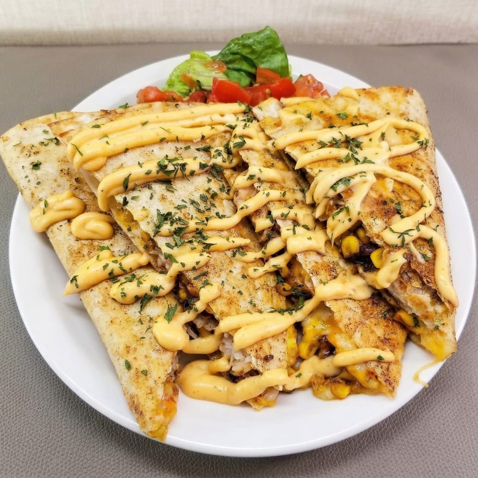 Seafood quesadillas drizzled with cheese sauce and parsley, served with a side salad.