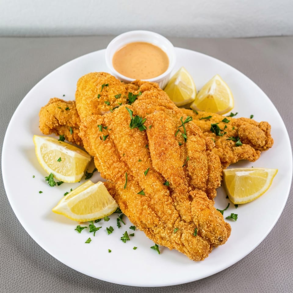 Golden fried Flava Shack Seafood catfish fillets with lemon wedges, parsley, and a side of dipping sauce.