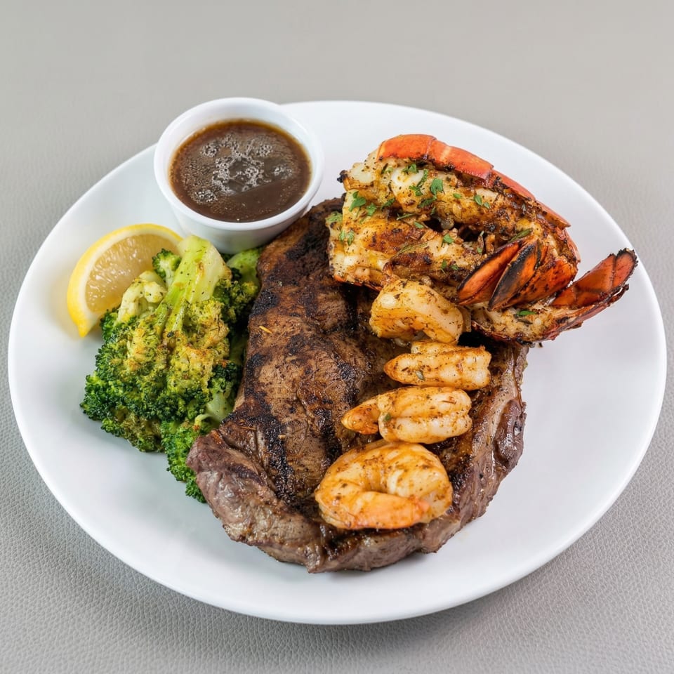 Grilled steak and shrimp with a lobster tail, broccoli, lemon, and a side of sauce.