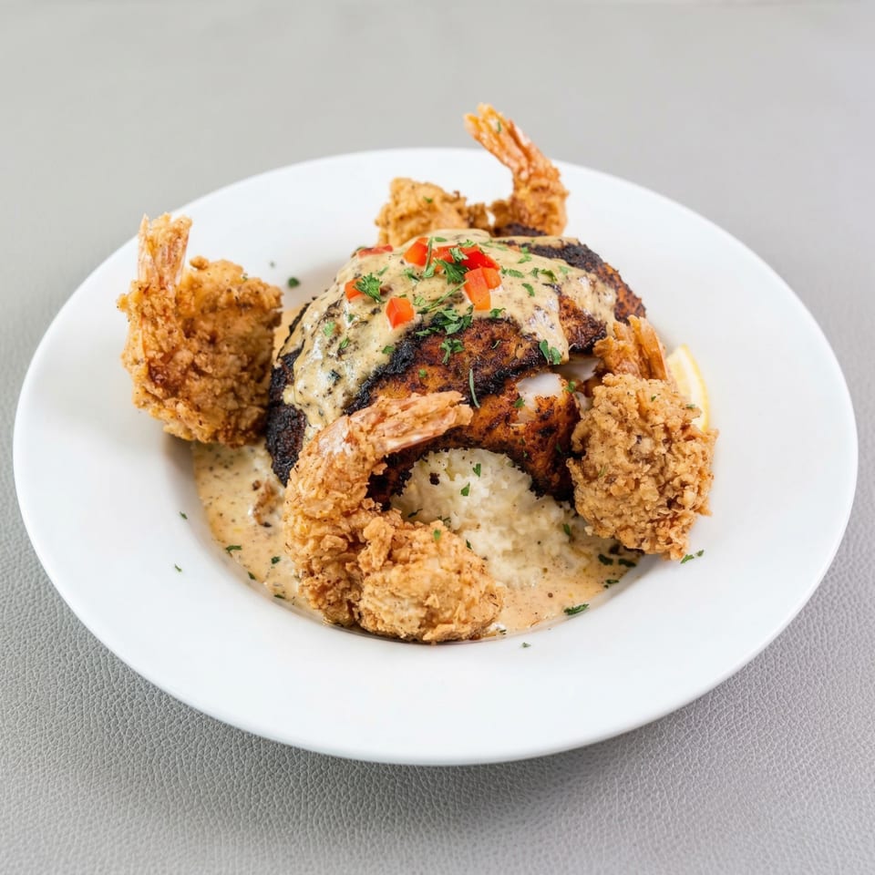 Blackened fish with creamy sauce, red peppers, and fried shrimp on a bed of rice.