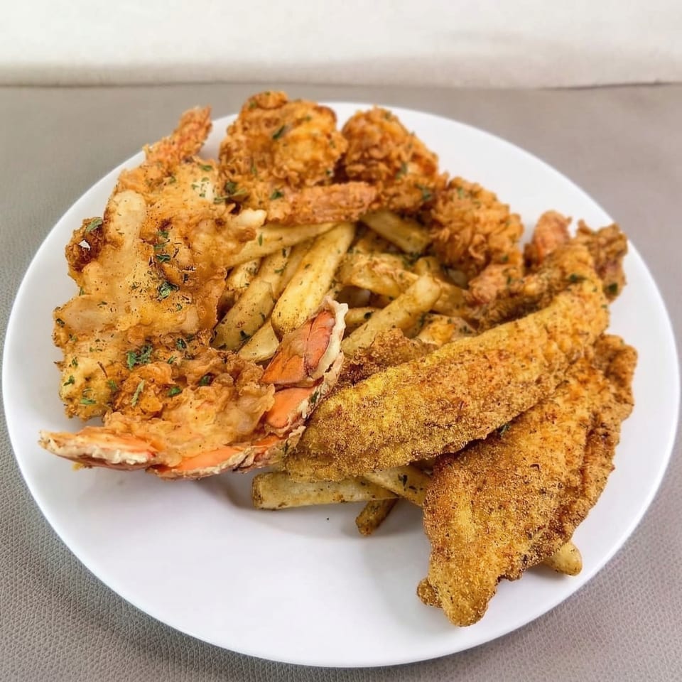 A white plate holds fried shrimp, fish, and french fries, seasoned with herbs.